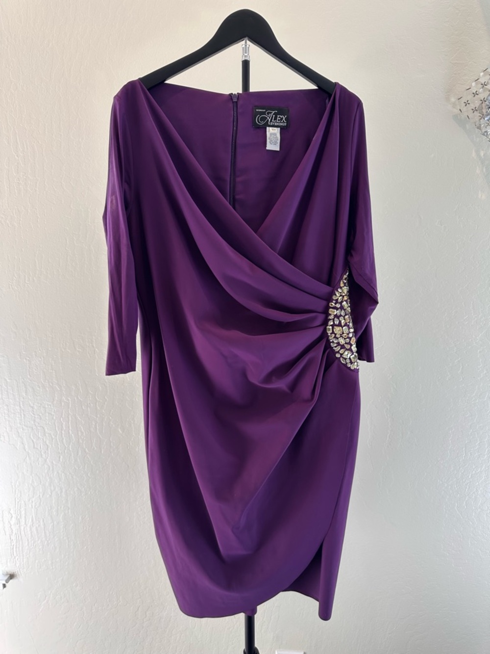 Alex Evenings Deep Purple Draped Midi Dress with Jeweled Accent
